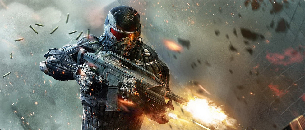 Character from the The Crysis 2 shooting a machine gun